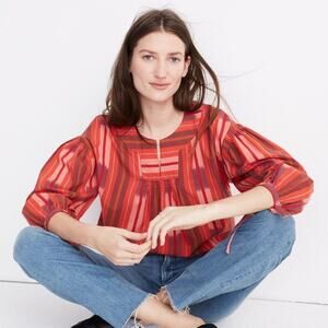 Madewell Ikat Peasant Popover Top in Stripe Coastal Orange